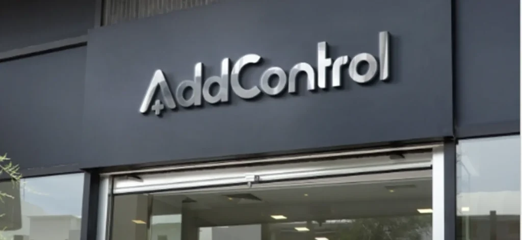 Fachada de la sede de AddControl con su logotipo visible, representando su presencia física como proveedor líder de software para la gestión de proyectos de construcción.