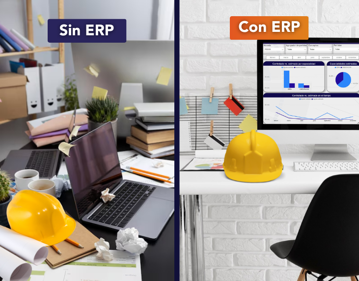 Una oficina dividida en dos de un lado, la organización y eficiencia gracias a un ERP para construcción; del otro, el desorden y la confusión sin un sistema ERP.